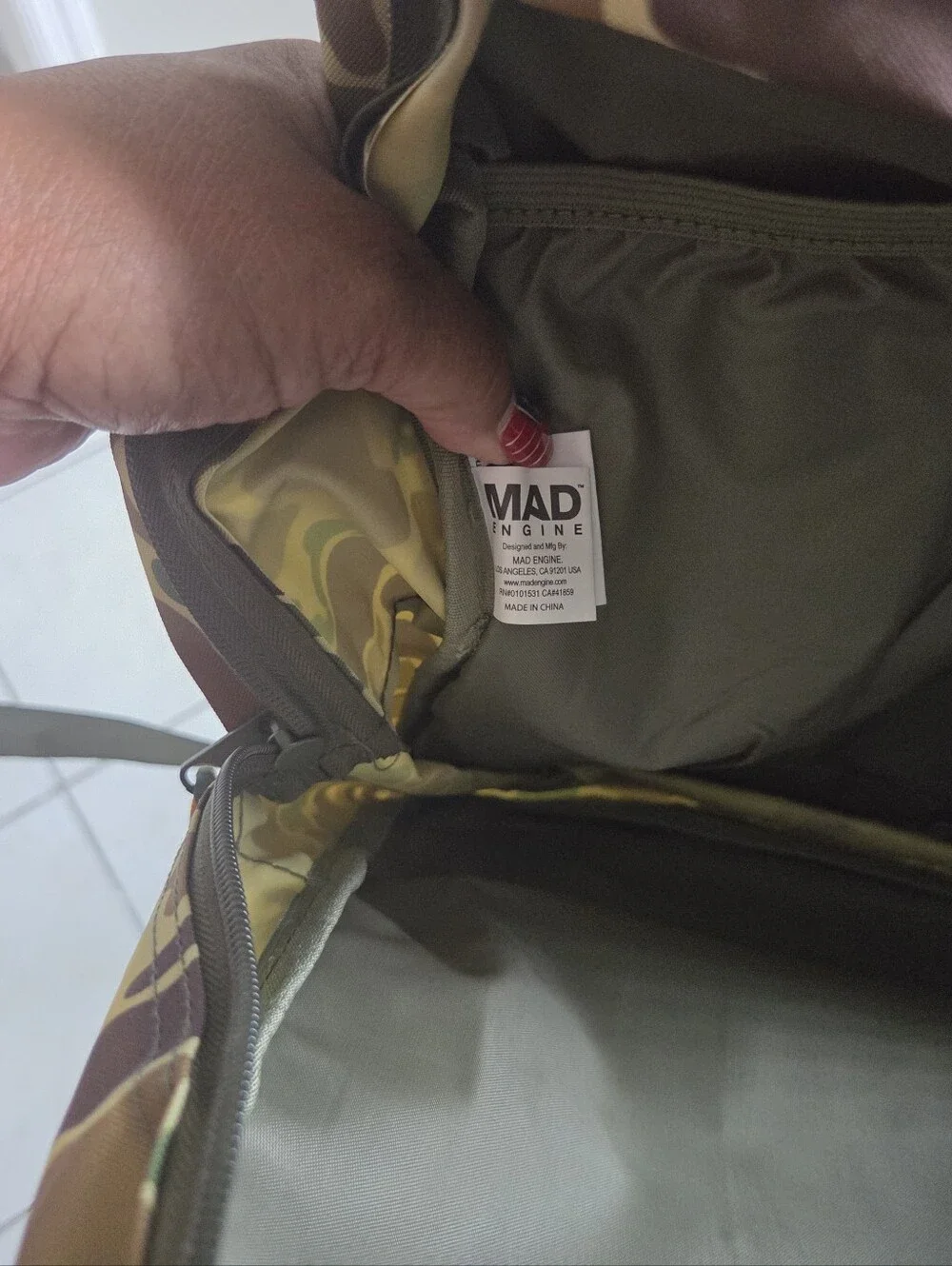 MAD Engine Camouflage Backpack with Olive Front and Yellow Zipper
